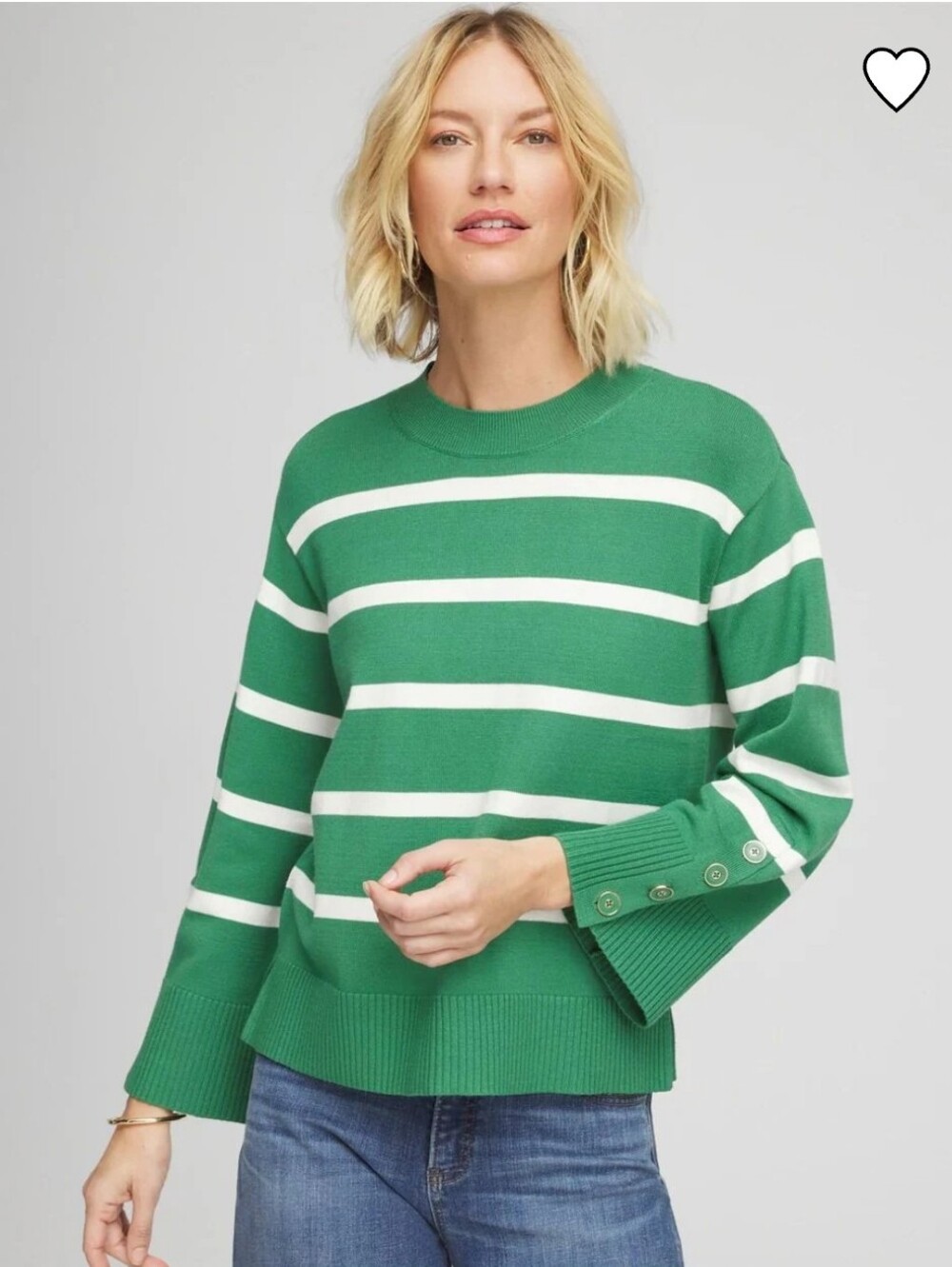 Chico's Jardin Green Striped Button Sleeve Crewneck Pullover Sweater Size 4 XXL